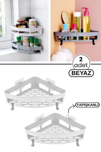 2 Adet Yapışkanlı Köşeli Raf, Vidalama Gerektirmeyen Banyo Duş Şampuan Mutfak Baharat Rafı Beyaz - 1