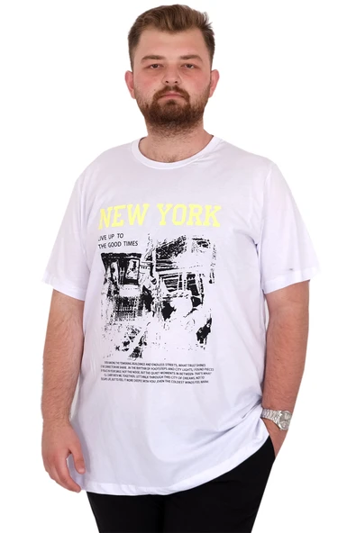 Mode XL Büyük Beden Erkek T-Shirt Bisiklet Yaka NEW YORK U25036 Beyaz ürün görseli