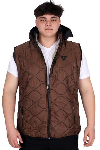 Mode XL Büyük Beden Erkek Fermuarlı Kapüşonlu Şişme Yelek U24705 Kahverengi