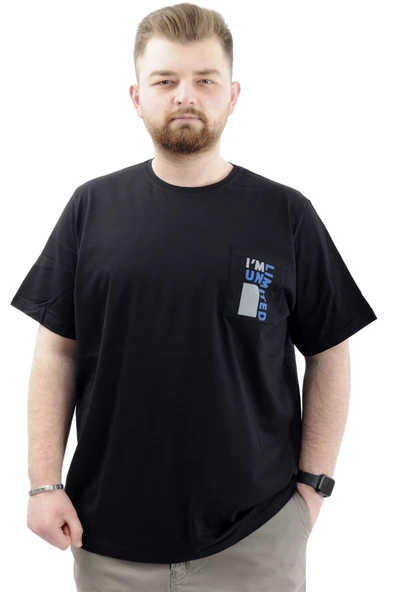 Mode XL Erkek Büyük Beden T-Shirt Pamuklu Baskılı Bisiklet Yaka Tişört LIMITED U24052 Siyah ürün görseli