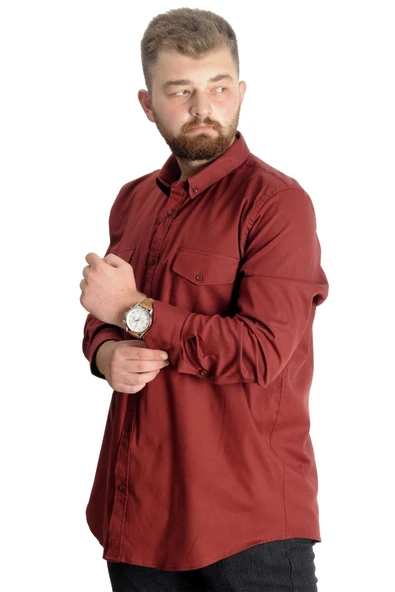 Mode XL Büyük Beden Gömlek Gabardin Çift Cep Kapaklı 20360 Bordo - 2