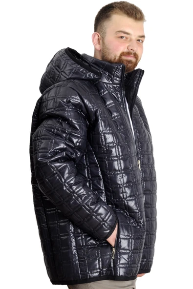 Mode XL Büyük Beden Erkek Kapüşonlu Mont Kapitone 23638 Lacivert - Resim 3