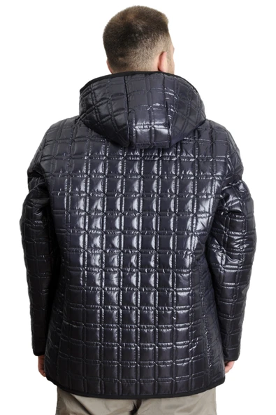 Mode XL Büyük Beden Erkek Kapüşonlu Mont Kapitone 23638 Lacivert - Resim 4