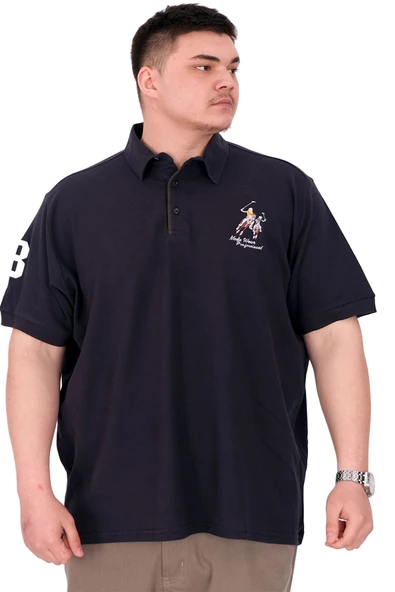 Mode XL Büyük Beden Erkek T-Shirt Polo Yaka Nakış Detaylı U25311 Lacivert ürün görseli