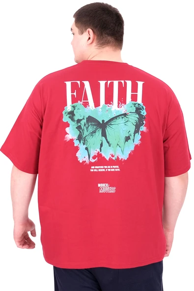 Mode XL Büyük Beden Erkek T-Shirt Bisiklet Yaka FAITH U25030 Bordo - Resim 2