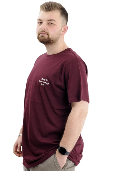 Mode XL Büyük Beden Baskılı Erkek T-Shirt Bisiklet Yaka TIME U24036 Mürdüm - Resim 3