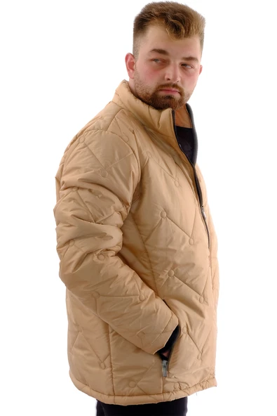 Mode XL Erkek Büyük Beden Dik Yaka Ribanalı Kol Fermuarlı Mont U24611 Açık Kahve - 3