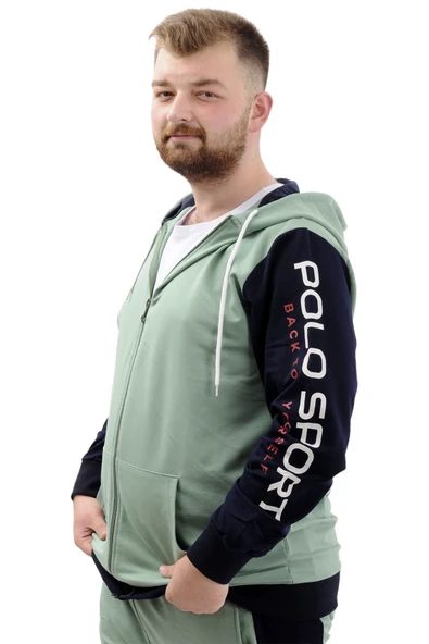 Mode XL Büyük Beden Erkek Eşofman Üstü Fermuarlı Kapüşonlu SPORT U24523 Çağla - Resim 3