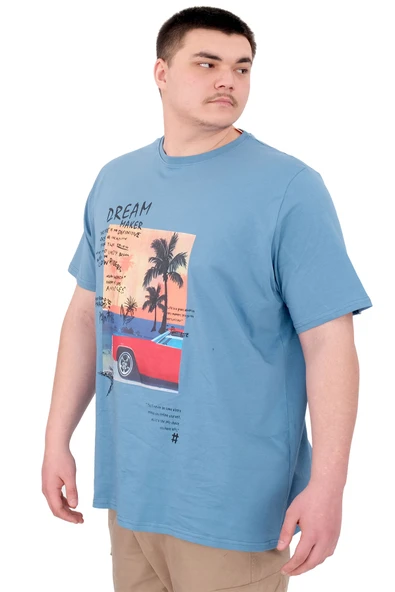 Mode XL Büyük Beden Erkek Baskılı T-Shirt Palm Dream U25026 Mavi - Resim 4