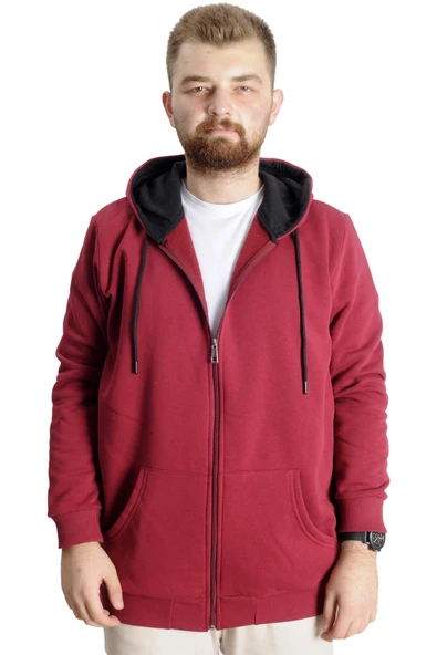 Mode XL Büyük Beden Erkek Sweat Kapüşonlu Fermuarlı Outsider 23547 Bordo