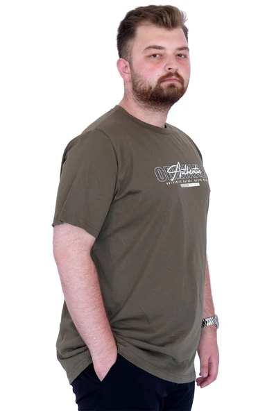 Mode XL Büyük Beden Erkek T-Shirt Bisiklet Yaka ORIGINALS U25038 Haki - Resim 3