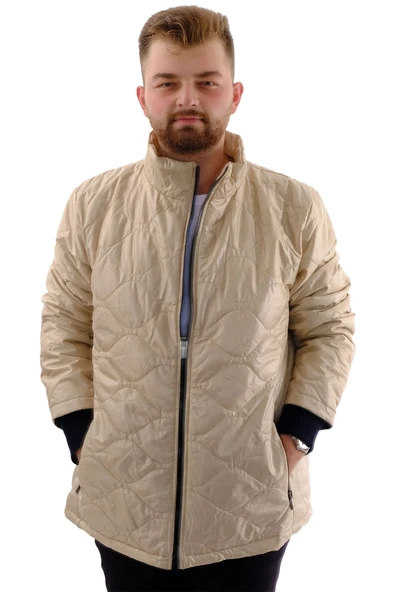 Mode XL Erkek Büyük Beden Dik Yaka Ribanalı Kol Fermuarlı Mont U24611 Bej