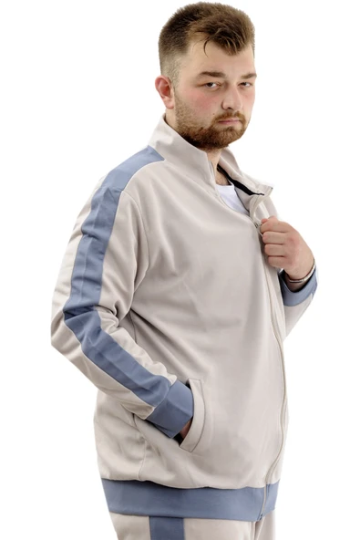 Mode XL Erkek Büyük Beden Eşofman Üstü Fermuarlı Dik Yaka İnterlok NEW YORK U24524 Gri - Resim 4