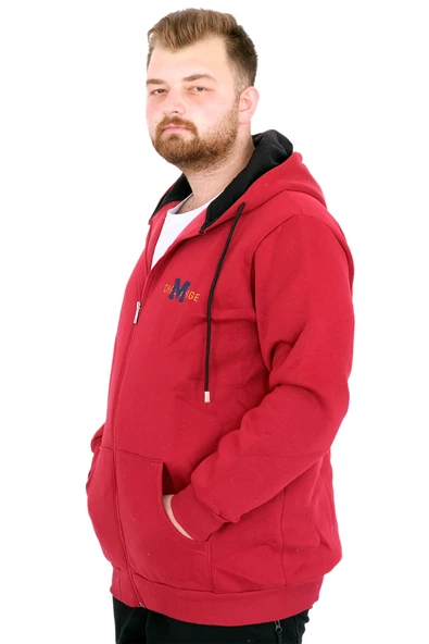 Mode XL Büyük Beden Erkek Kapüşonlu Fermuarlı Sweatshirt U25803 Bordo - Resim 2