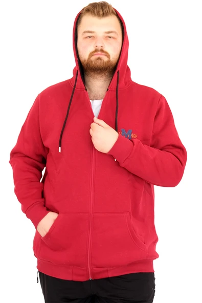 Mode XL Büyük Beden Erkek Kapüşonlu Fermuarlı Sweatshirt U25803 Bordo - Resim 5