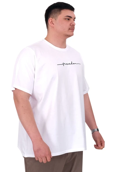 Mode XL Büyük Beden Erkek T-Shirt Bisiklet Yaka FREEDOM U25033 Beyaz - Resim 2