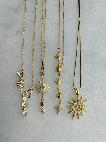 Çizgisel Gold Güneş Çelik Kolye Aksesuar Şık Takı Aksesuar - 3