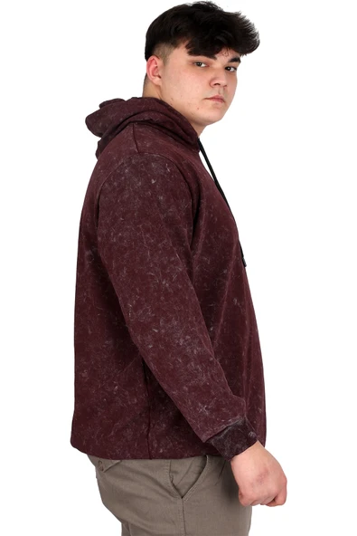 Mode XL Büyük Beden Erkek Kapüşonlu Sweatshirt Asit Yıkama Interlok U24167 Mürdüm - 3