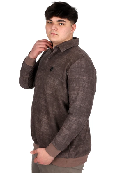 Mode XL Büyük Beden Erkek Polo Yaka Sweatshirt Baskılı Selanik U24440 Kahverengi - 2