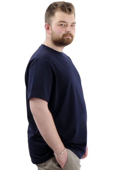 Mode XL Büyük Beden Erkek T-Shirt Basic Likralı Bisiklet Yaka Tişört STAY U24071 Lacivert - Resim 2