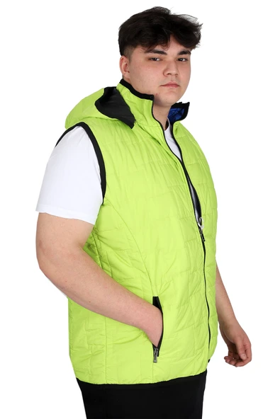 Mode XL Büyük Beden Erkek Kapüşonlu Fermuarlı Şişme Yelek U24700 Koyu Yeşil - Resim 2