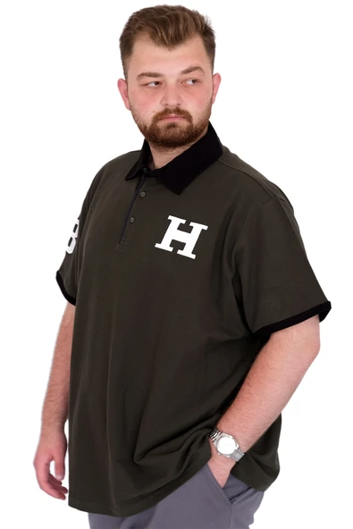Mode XL Büyük Beden Erkek T-Shirt Polo Yaka H BROUDED U25312 Haki - Resim 2
