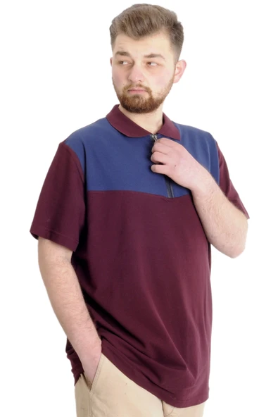 Mode XL Büyük Beden Erkek T-shirt Polo FRAGMENTED 23325 Mürdüm - Resim 2