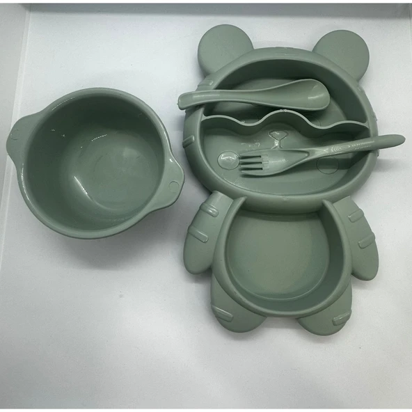 4 Parça Mama Tabağı Seti 3 Bölmeli Ayıcık Şekilli Eğlenceli Mama Tabağı ve Çatal Kaşık Kase Seti - 2