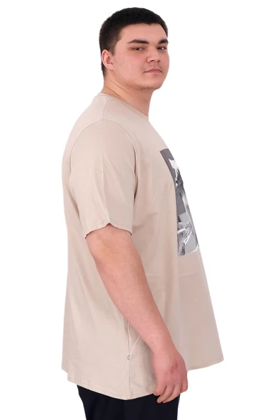 Mode XL Büyük Beden Erkek T-Shirt Bisiklet Yaka STATUE U25027 Bej - Resim 3