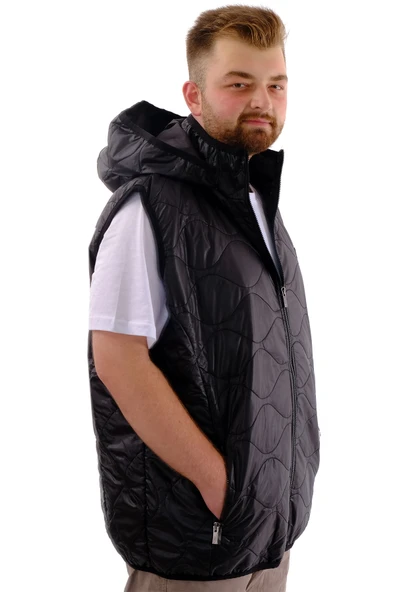 Mode XL Büyük Beden Erkek Fermuarlı Kapüşonlu Şişme Yelek U24705 Siyah - 3
