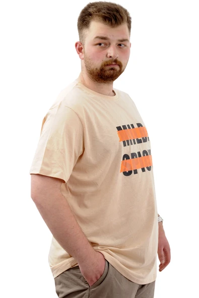 Mode XL Büyük Beden Erkek Tişört Baskılı Pamuklu Bisiklet Yaka MILD U24080 Bej - Resim 2