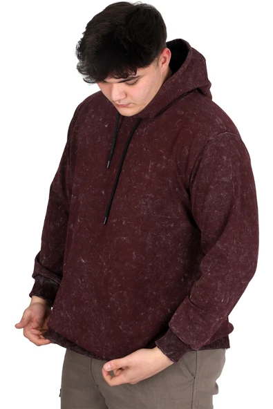 Mode XL Büyük Beden Erkek Kapüşonlu Sweatshirt Asit Yıkama Interlok U24167 Mürdüm - 2