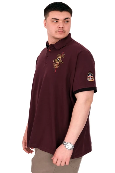 Mode XL Büyük Beden Erkek Polo Yaka T-Shirt Nakışlı U25307 Mürdüm - Resim 4