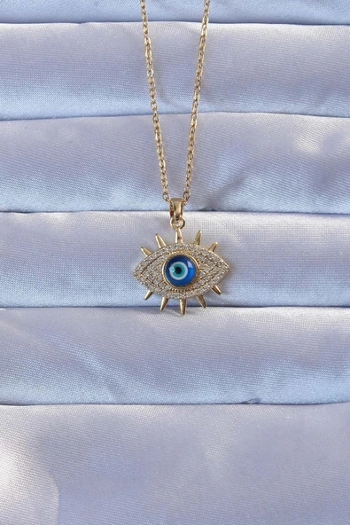 pilelistore 316L Altın Renk Zirkon Taşlı Nazarlı Göz Kolye - TJ-BKO9271