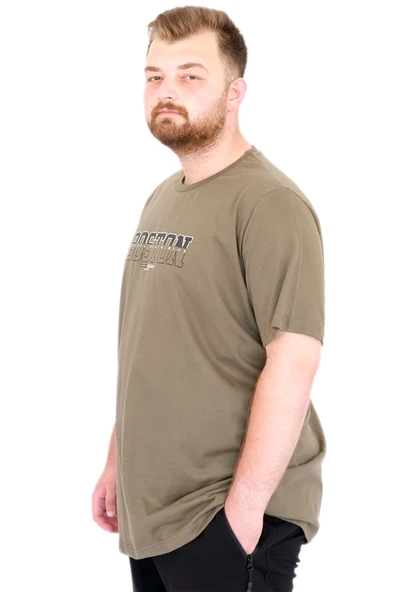 Mode XL Büyük Beden Erkek T-Shirt Bisiklet Yaka BOSTON U25037 Haki - Resim 2