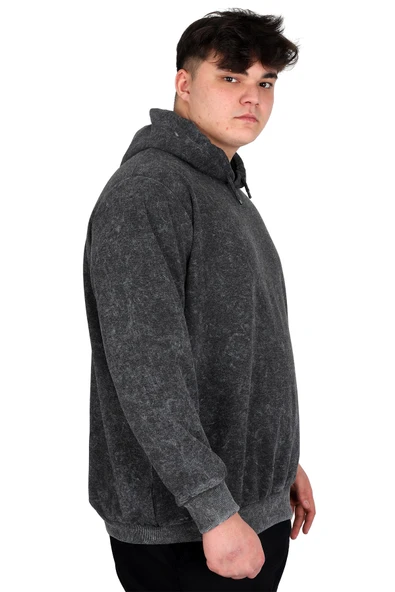 Mode XL Büyük Beden Erkek Kapüşonlu Sweatshirt Asit Yıkama Interlok U24167 Gri - 2