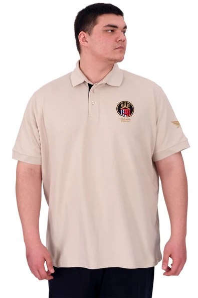 Mode XL Büyük Beden Erkek T-Shirt Pike Polo Yaka U25306 Bej