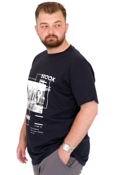 Mode XL Büyük Beden Erkek T-Shirt Bisiklet Yaka New York U25005 Lacivert - Resim 2