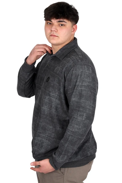 Mode XL Büyük Beden Erkek Polo Yaka Sweatshirt Baskılı Selanik U24440 Antramelanj - Resim 3