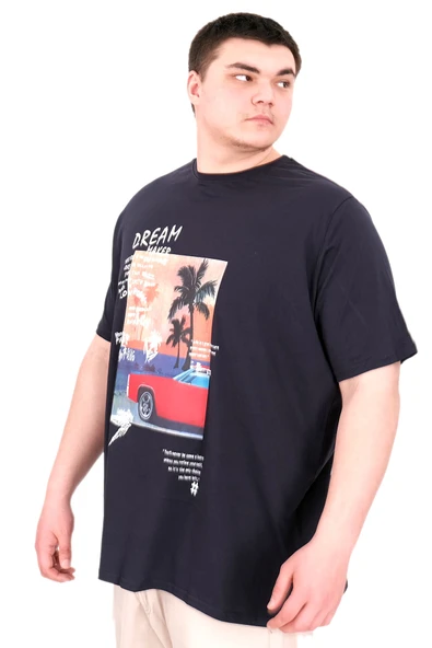 Mode XL Büyük Beden Erkek Baskılı T-Shirt Palm Dream U25026 Lacivert ürün görseli 1