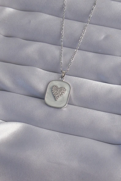 pilelistore 316L Çelik Zincir Mermer Desenli Gümüş Renk Zirkon Taşlı Kalp Model Kolye - TJ-BKO9014