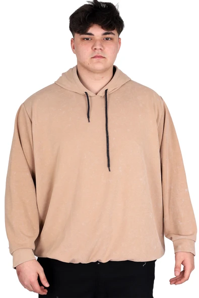 Mode XL Büyük Beden Erkek Kapüşonlu Sweatshirt Asit Yıkama Interlok U24167 Bej ürün görseli