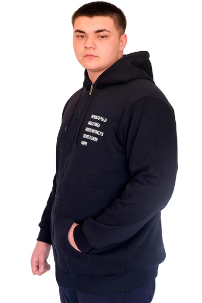 Mode XL Büyük Beden Erkek Kapüşonlu Sweatshirt Fermuarlı 3 İp BRONX U24560 Lacivert - Resim 2