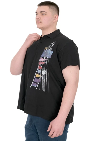 Mode XL Büyük Beden Erkek T-Shirt Polo Flag U25304 Siyah - Resim 4