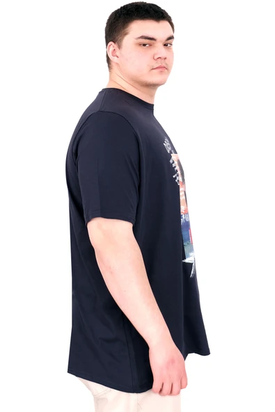 Mode XL Büyük Beden Erkek Baskılı T-Shirt Palm Dream U25026 Lacivert - Resim 3