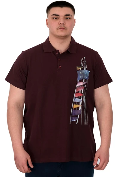 Mode XL Büyük Beden Erkek T-Shirt Polo Flag U25304 Mürdüm - Resim 2