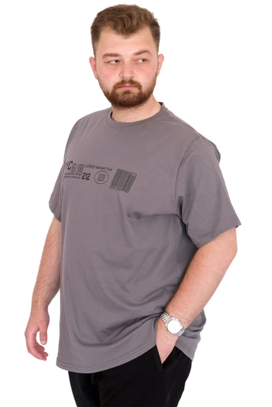 Mode XL Büyük Beden Erkek T-Shirt Bisiklet Yaka NYC New York U25019 Füme - Resim 2