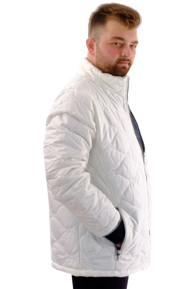 Mode XL Erkek Büyük Beden Dik Yaka Ribanalı Kol Fermuarlı Mont U24611 Beyaz - Resim 3