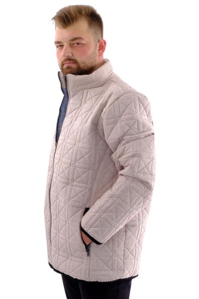 Mode XL Büyük Beden Erkek Dik Yaka Kapitone Mont U24601 Bej - 2