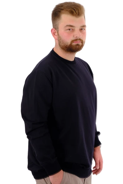 Mode XL Büyük Beden Erkek Bisiklet Yaka Basic Sweatshirt U24174 Lacivert - Resim 3